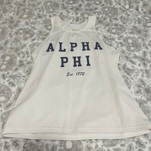 White athletic Alpha Phi tank top with “ALPHA PHI” and “Est. 1872” in navy blue